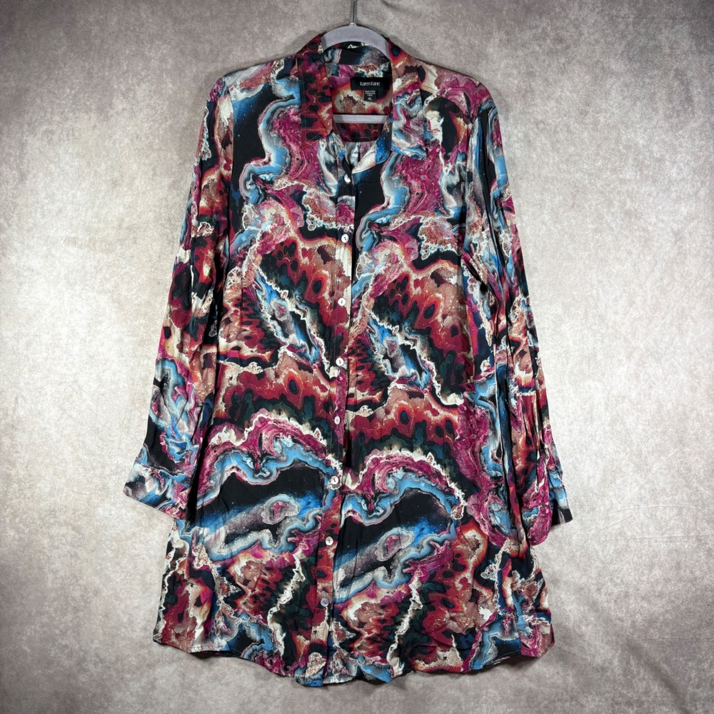 Karen Kane Shirt Dress Women XL Multicolor Geode Print‎ Button Down Long Sleeve